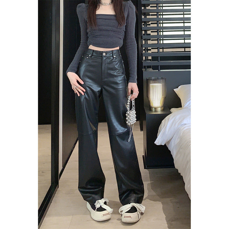 Hong Kong Style High Waist Slimming Sense Of Design Leather Trousers